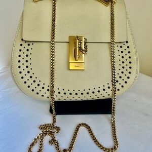 Chloé Drew Ivory Leather Handbag Shoulder Crossbody Gold Chain Cut Out